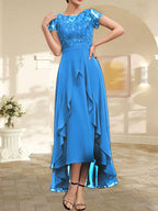 Vestido de madre de la novia de gasa asimétrica con escote en A, ilusión, encaje, lazo, volante y lentejuelas