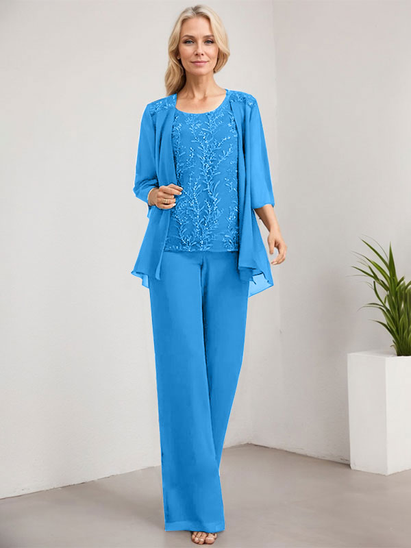 Vestido de madre de la novia de gasa con encaje, largo hasta el suelo, con lentejuelas y mono/pantalón separado