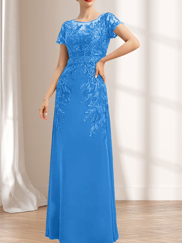 Vestido de madre de la novia de gasa con encaje, escote redondo, ilusión, largo hasta el suelo, con lentejuelas