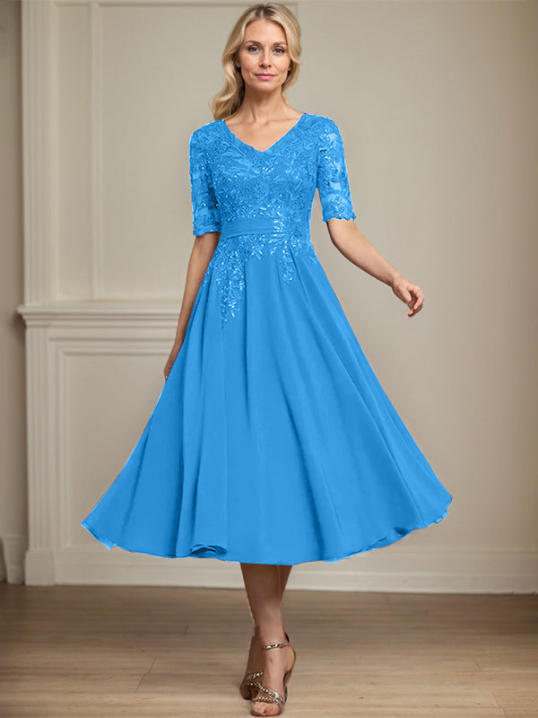 Vestido de gasa con encaje y lentejuelas para madre de la novia, corte A, escote en V y largo hasta la rodilla