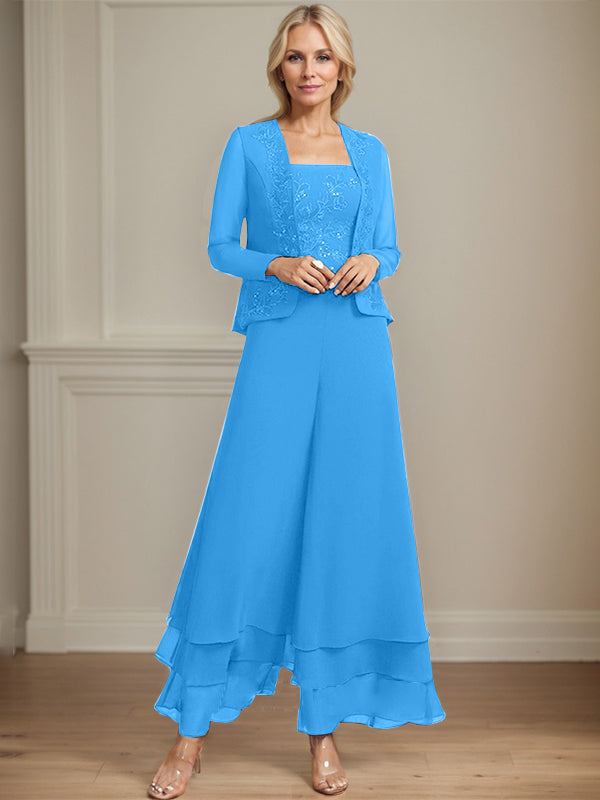Vestido de madre de la novia de gasa con encaje y lentejuelas, largo hasta los tobillos, con mono/pantalón separado