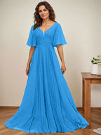 Vestido de gasa para madre de la novia, corte A, escote en V, largo hasta el suelo, con apliques de lentejuelas y encaje plisado