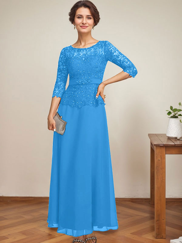 Vestido de gasa con encaje y escote en A, ilusión, largo hasta los tobillos, para madre de la novia con cuentas de diamantes de imitación