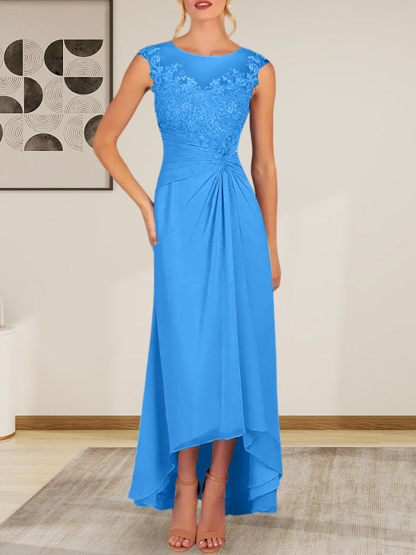 Vestido de gasa con encaje y escote redondo en forma de A color champán