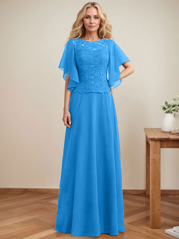 Vestido de gasa con encaje y lentejuelas para madre de la novia, corte A, escote ilusión, largo hasta el suelo