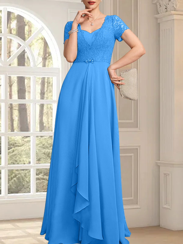 Vestido de madre de la novia de gasa con encaje, corte en A, escote corazón, largo hasta el suelo, con volantes en cascada y cuentas