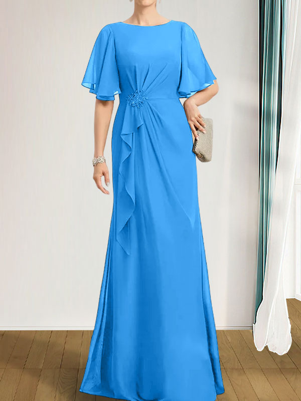 Vestido de gasa para madre de la novia, corte A, escote redondo, largo hasta el suelo, con volantes en cascada, cuentas y lentejuelas