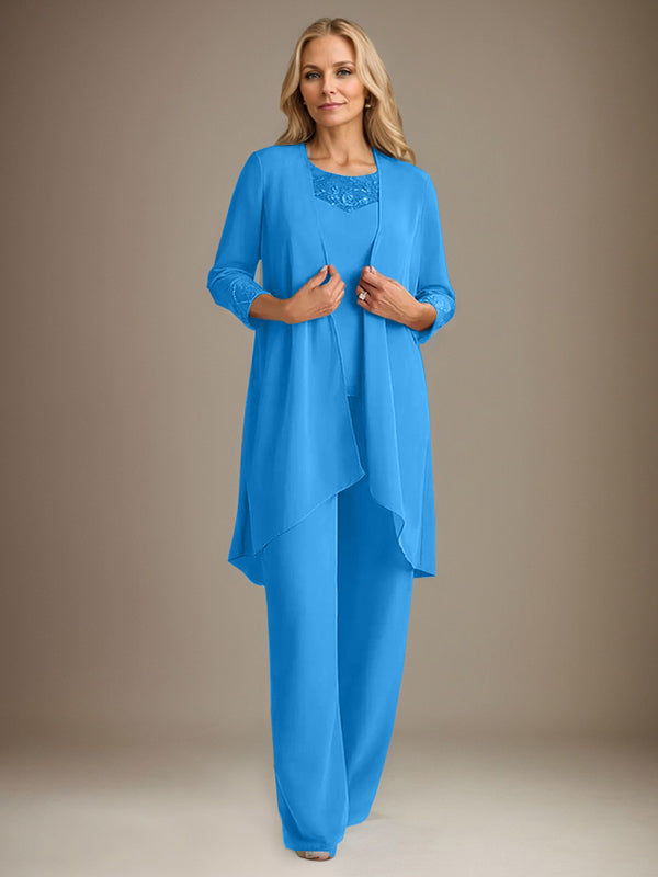 Trajes de gasa con mangas largas y escote redondo para madre de la novia con chaqueta
