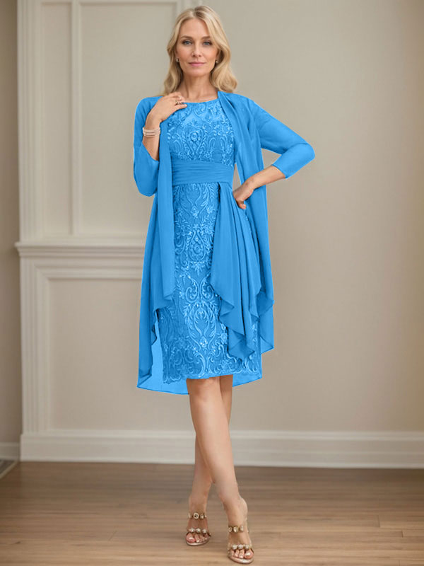 Vestido de madre de la novia de gasa con encaje, escote redondo, ilusión, largo hasta la rodilla, con volantes en cascada y lentejuelas