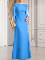 Vestido de gasa para madre de la novia con corte tubo/columna, escote redondo y largo hasta el suelo, con cuentas plisadas