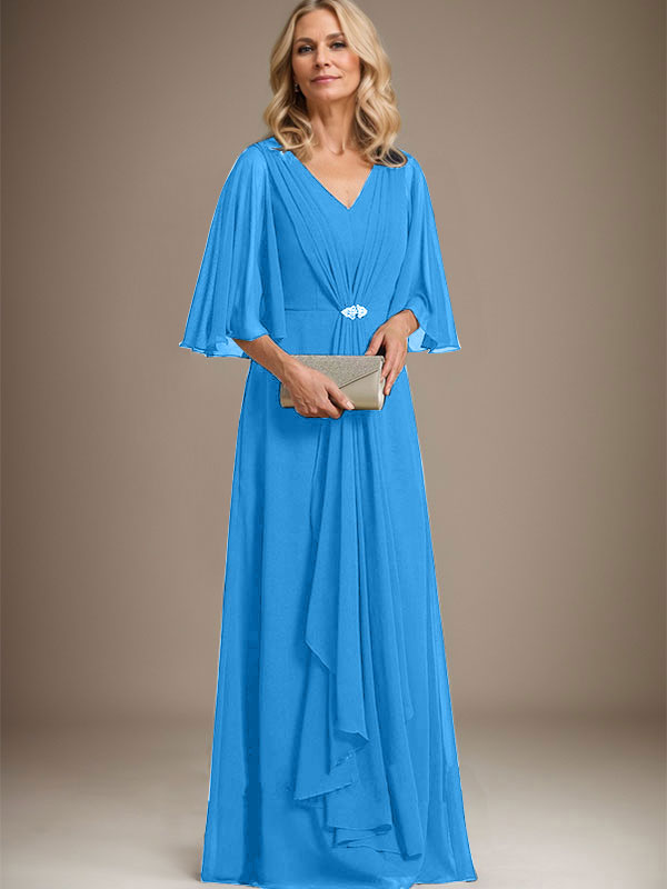 Vestido de gasa para madre de la novia, corte A, escote en V, largo hasta el suelo, con volantes en cascada y broche de cristal