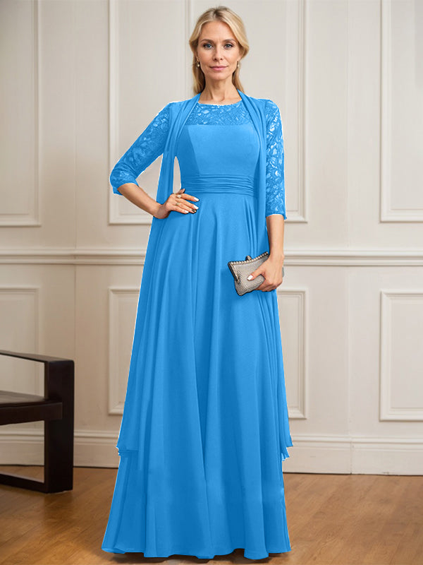 Vestido de gasa de encaje con ilusión de corte A hasta el suelo para madre de la novia con pliegues