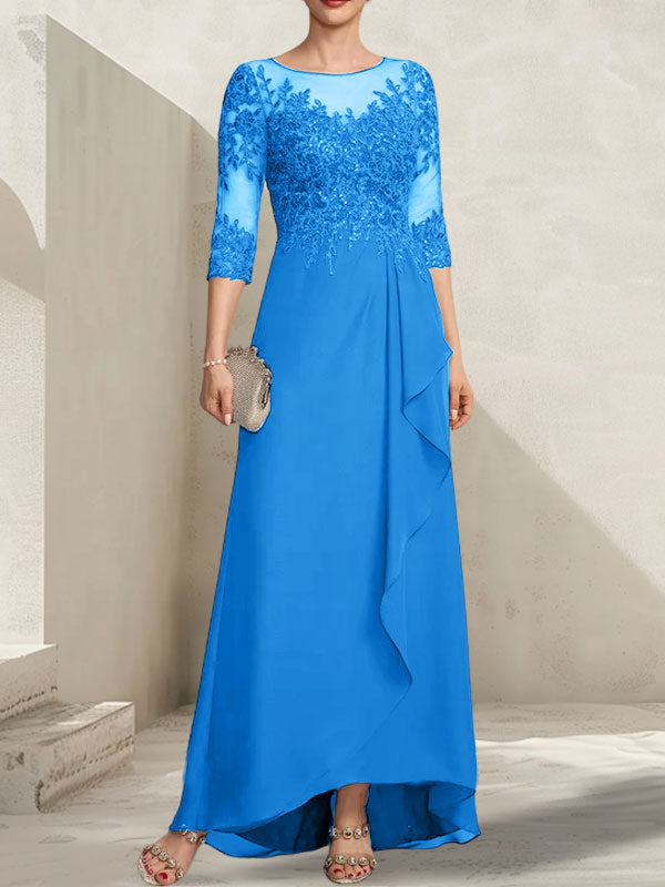 Vestido de madre de la novia de gasa con encaje asimétrico, ilusión de escote redondo y lentejuelas con volantes en cascada