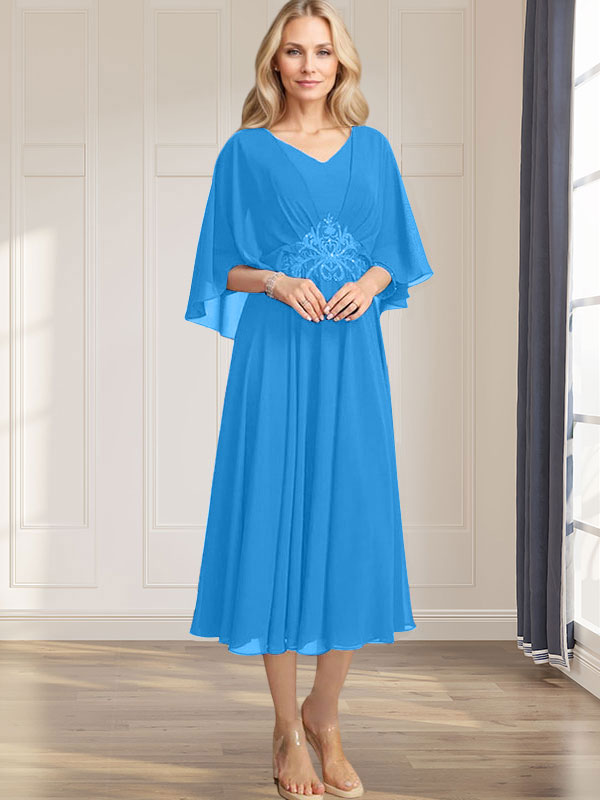 A-Linie V-Ausschnitt Wadenlanges Chiffonkleid für die Brautmutter mit plissierten Paillettenapplikationen Spitzenbesatz 