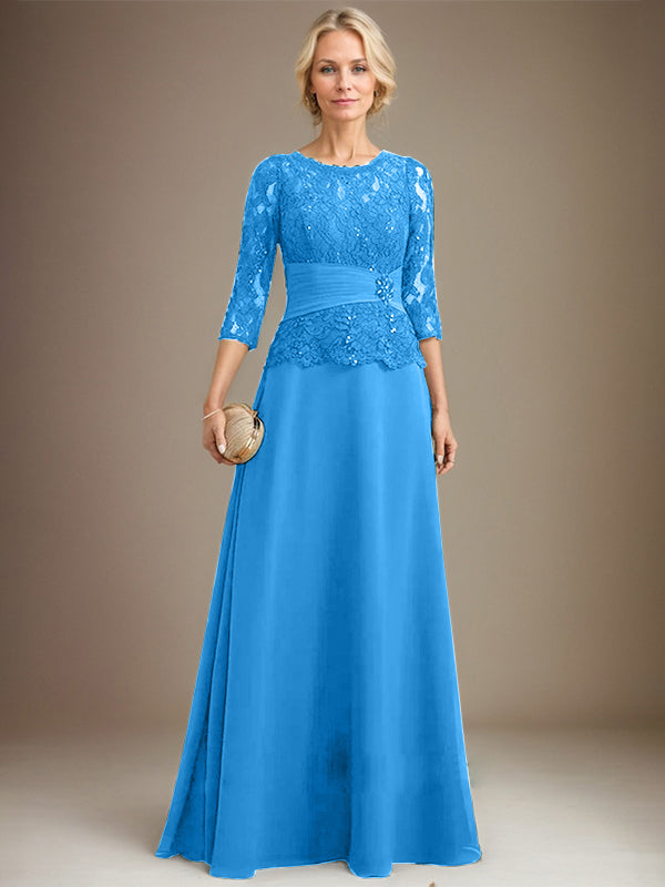 Vestido de gasa con encaje, corte A, ilusión, largo hasta el suelo, para madre de la novia, con lentejuelas plisadas y abalorios