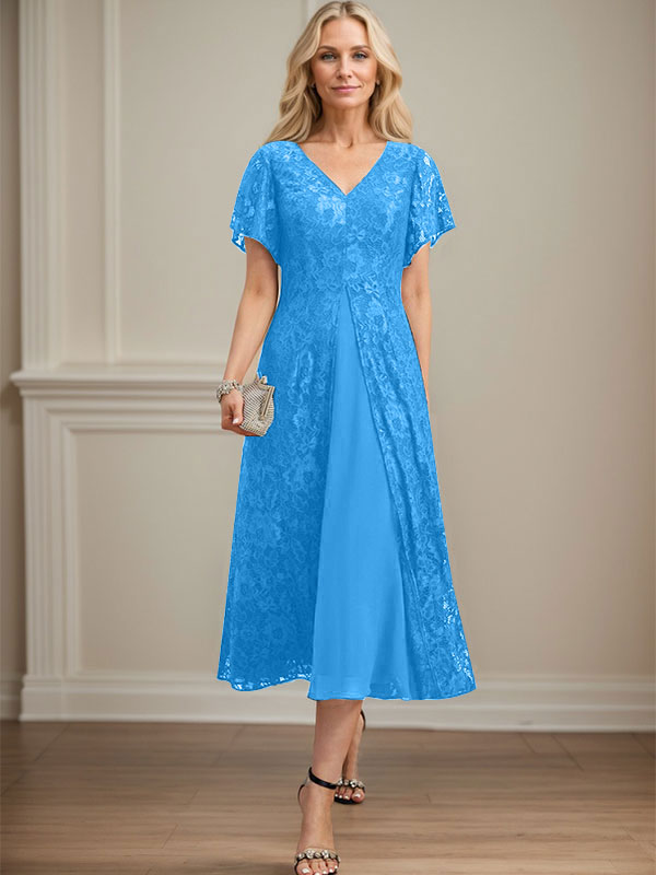 Vestido de gasa con encaje y escote en V para madre de la novia, largo hasta la rodilla