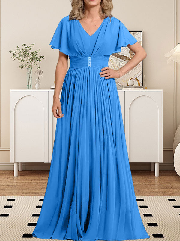 Vestido de gasa para madre de la novia, corte A, escote en V, largo hasta el suelo, con broche de cristal y plisado