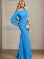 Vestido de madre de la novia de gasa con escote barco, corte trompeta/sirena, largo hasta el suelo, con pliegues