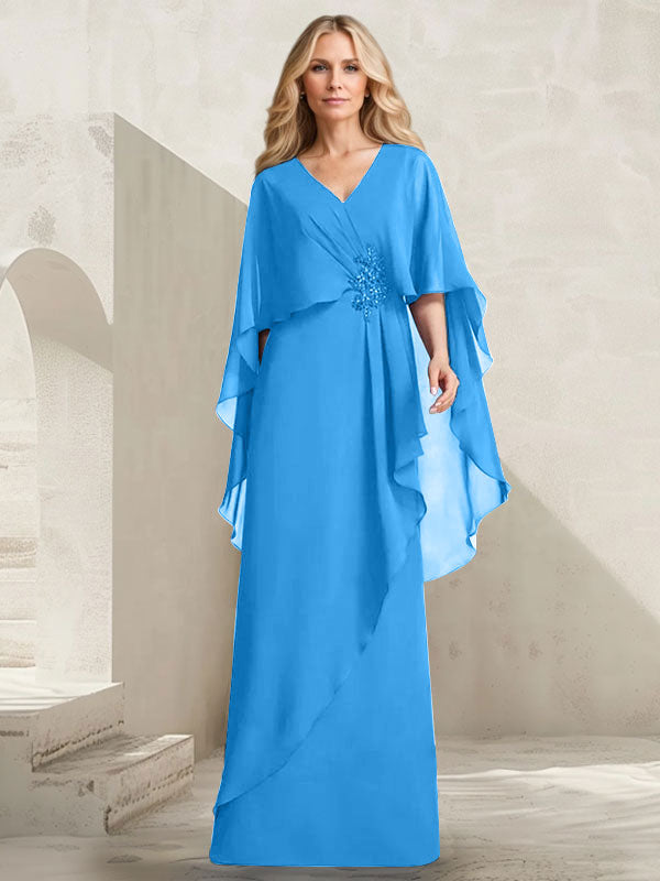 Vestido de gasa para madre de la novia con escote en V, corte A y largo hasta el suelo, con volantes en cascada y cuentas