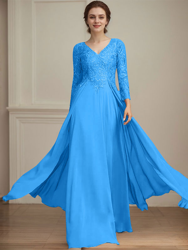 Vestido de madre de la novia de gasa con encaje, escote en V y lentejuelas, largo hasta el suelo