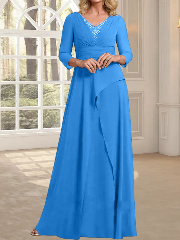 Vestido de gasa para madre de la novia con escote en V, largo hasta el suelo, con pliegues y cuentas