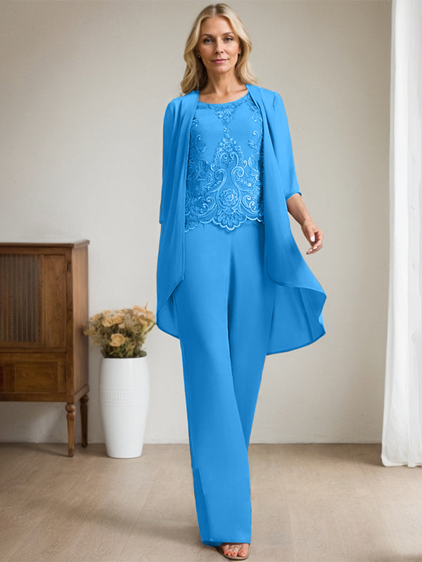 Vestido de madre de la novia de gasa con encaje, escote redondo y lentejuelas y mono/pantalón separado