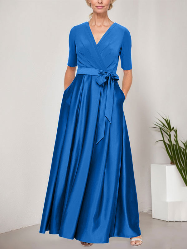 Vestido de gala con escote cruzado, falda de satén y corpiño de jersey