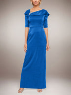 Vestido largo de columna brillante con puños doblados, escote en L y mangas hasta el codo