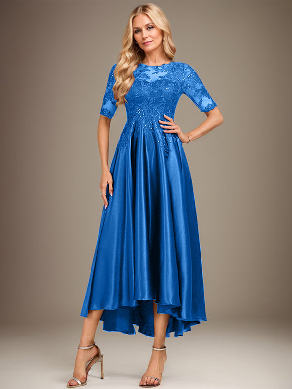 Vestido de madre de la novia de encaje satinado elástico asimétrico con ilusión de escote redondo y lentejuelas