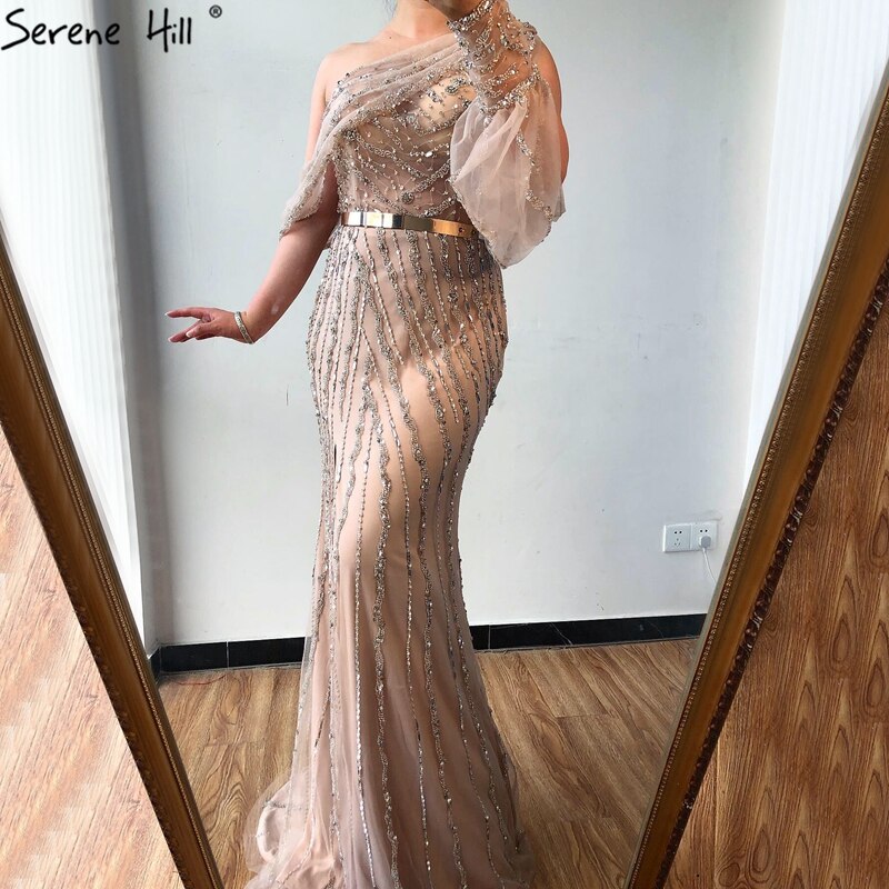 Vestido de noche azul Dubai con un hombro al descubierto, sexy, con abertura, de lujo, con cuentas y cristales brillantes, formal 2025 LA70258 