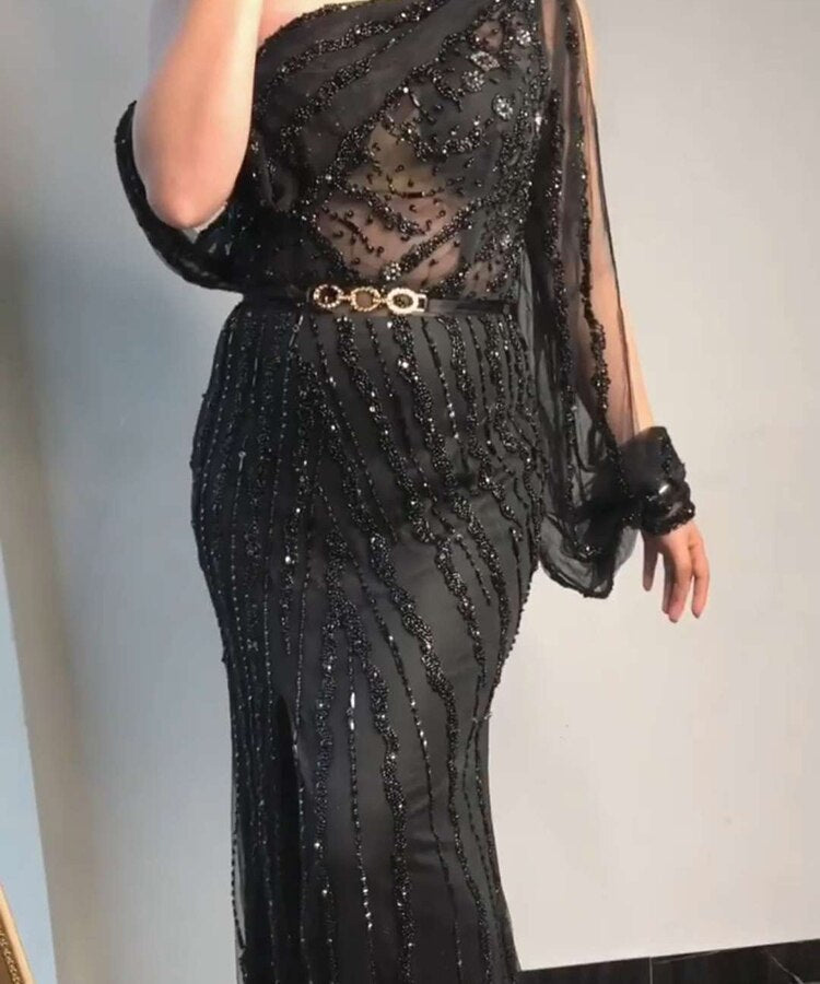 Vestido de noche azul Dubai con un hombro al descubierto, sexy, con abertura, de lujo, con cuentas y cristales brillantes, formal 2025 LA70258 