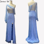 Vestido de noche azul Dubai con un hombro al descubierto, sexy, con abertura, de lujo, con cuentas y cristales brillantes, formal 2025 LA70258 
