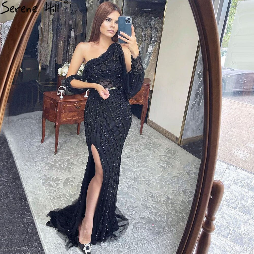 Vestido de noche azul Dubai con un hombro al descubierto, sexy, con abertura, de lujo, con cuentas y cristales brillantes, formal 2025 LA70258 