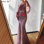 Vestido de noche azul Dubai con un hombro al descubierto, sexy, con abertura, de lujo, con cuentas y cristales brillantes, formal 2025 LA70258 
