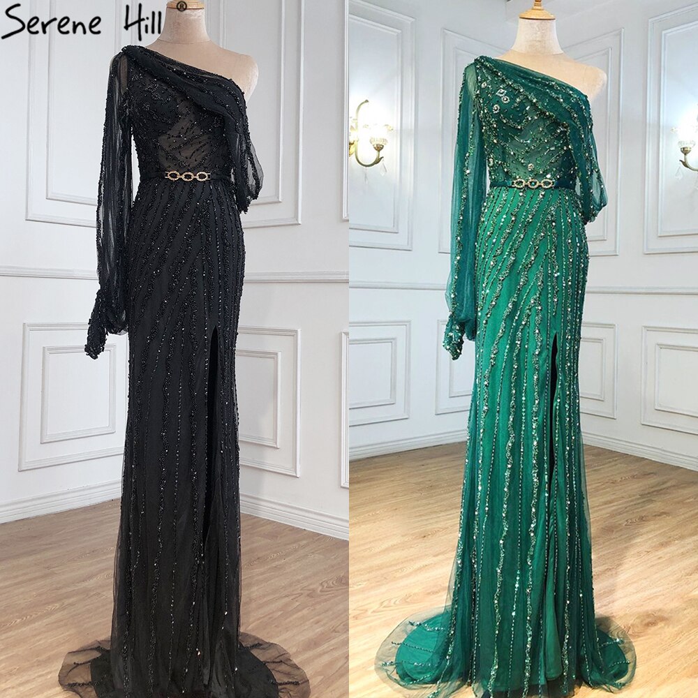Vestido de noche azul Dubai con un hombro al descubierto, sexy, con abertura, de lujo, con cuentas y cristales brillantes, formal 2025 LA70258 