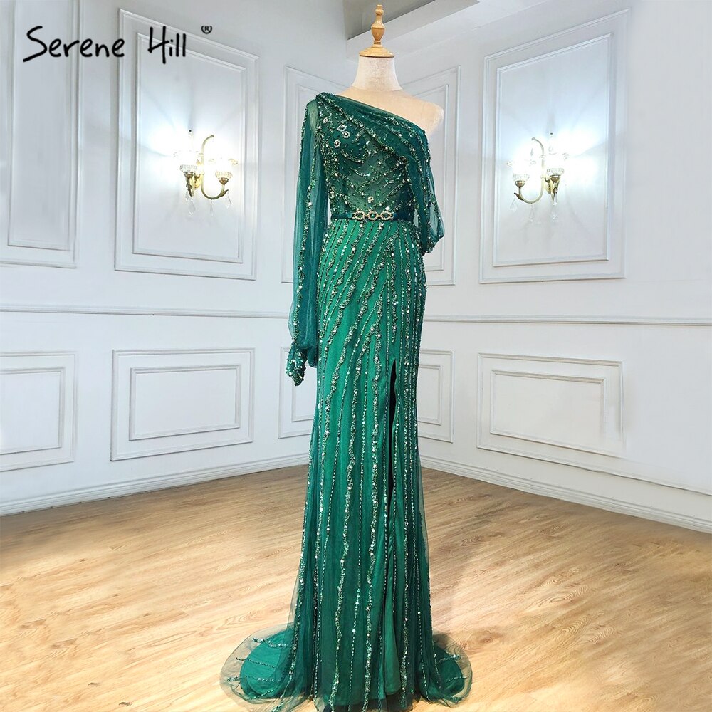 Blue Dubai One Shoulder Sexy Split Evening Dresses Luxury Beaded Crystal Sparkle Formal 2025 LA70258