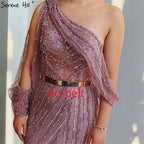 Vestido de noche azul Dubai con un hombro al descubierto, sexy, con abertura, de lujo, con cuentas y cristales brillantes, formal 2025 LA70258 