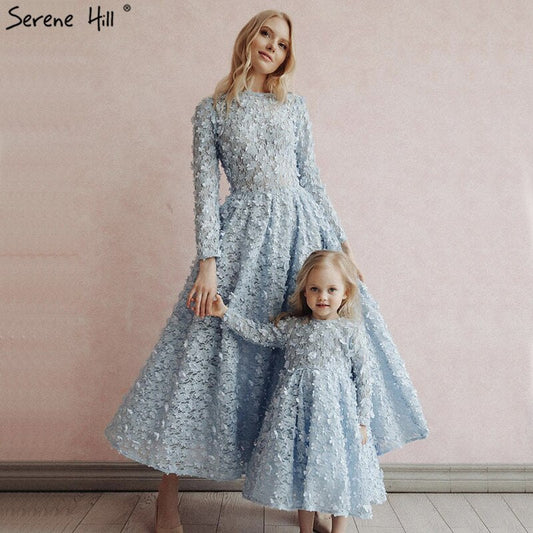Sale Blue Flowers Evening Dresses 2025 Muslim Long Sleeves Ankle length Midi Dresses  Evening Gowns LA60905