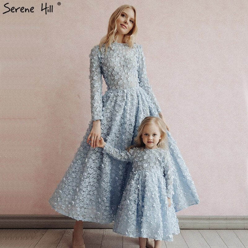 Vestidos de noche con flores azules en oferta 2025, vestidos musulmanes de manga larga hasta los tobillos, vestidos midi, vestidos de noche LA60905 