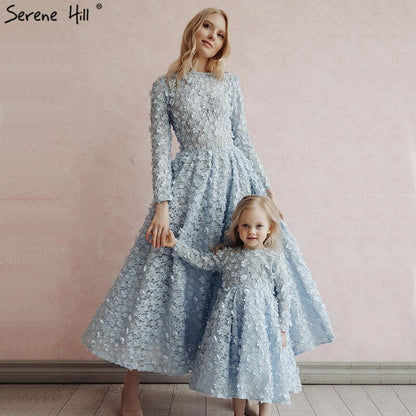 Sale Blue Flowers Evening Dresses 2025 Muslim Long Sleeves Ankle length Midi Dresses  Evening Gowns LA60905