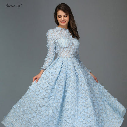 Sale Blue Flowers Evening Dresses 2025 Muslim Long Sleeves Ankle length Midi Dresses  Evening Gowns LA60905
