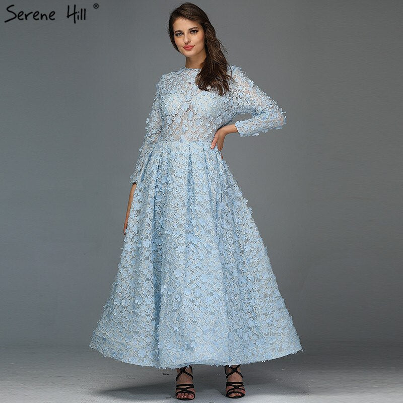 Vestidos de noche con flores azules en oferta 2025, vestidos musulmanes de manga larga hasta los tobillos, vestidos midi, vestidos de noche LA60905 