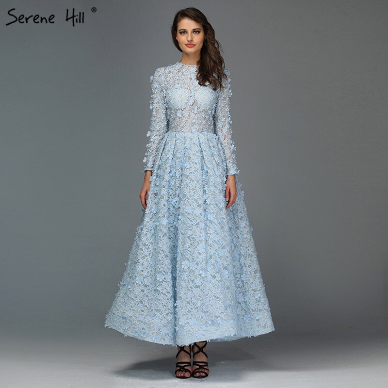 Vestidos de noche con flores azules en oferta 2025, vestidos musulmanes de manga larga hasta los tobillos, vestidos midi, vestidos de noche LA60905 