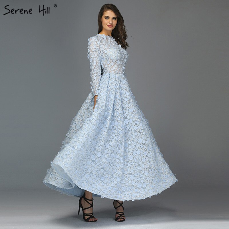 Vestidos de noche con flores azules en oferta 2025, vestidos musulmanes de manga larga hasta los tobillos, vestidos midi, vestidos de noche LA60905 
