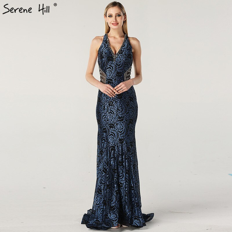 Zum Verkauf, keine Rückgabe, keine Rückerstattung. Verkauf, blaues Neckholder-Abendkleid im Dubai-Design, echtes Foto, Perlenbesetzte Spitze, sexy Abendkleider 2025 LA60818 