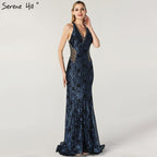 Zum Verkauf, keine Rückgabe, keine Rückerstattung. Verkauf, blaues Neckholder-Abendkleid im Dubai-Design, echtes Foto, Perlenbesetzte Spitze, sexy Abendkleider 2025 LA60818 
