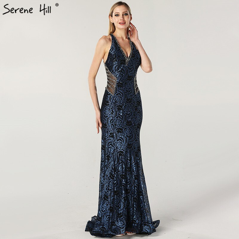 Zum Verkauf, keine Rückgabe, keine Rückerstattung. Verkauf, blaues Neckholder-Abendkleid im Dubai-Design, echtes Foto, Perlenbesetzte Spitze, sexy Abendkleider 2025 LA60818 