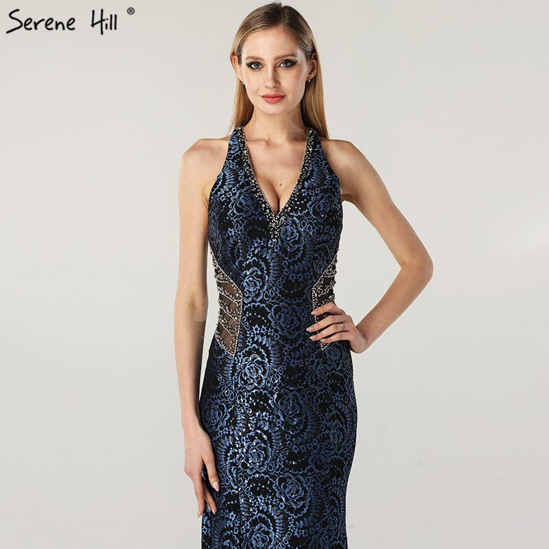 Zum Verkauf, keine Rückgabe, keine Rückerstattung. Verkauf, blaues Neckholder-Abendkleid im Dubai-Design, echtes Foto, Perlenbesetzte Spitze, sexy Abendkleider 2025 LA60818 