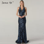 Zum Verkauf, keine Rückgabe, keine Rückerstattung. Verkauf, blaues Neckholder-Abendkleid im Dubai-Design, echtes Foto, Perlenbesetzte Spitze, sexy Abendkleider 2025 LA60818 