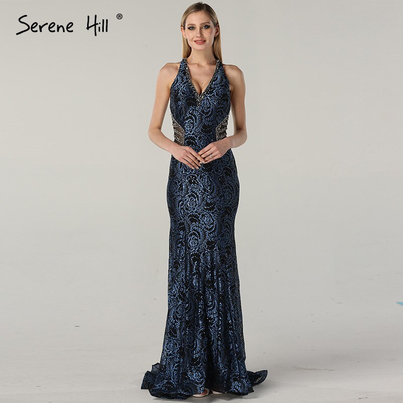 Zum Verkauf, keine Rückgabe, keine Rückerstattung. Verkauf, blaues Neckholder-Abendkleid im Dubai-Design, echtes Foto, Perlenbesetzte Spitze, sexy Abendkleider 2025 LA60818 